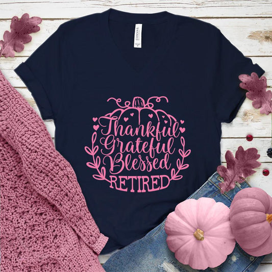 Thankful Grateful Blessed Retired V-Neck Pink Edition - Brooke & Belle