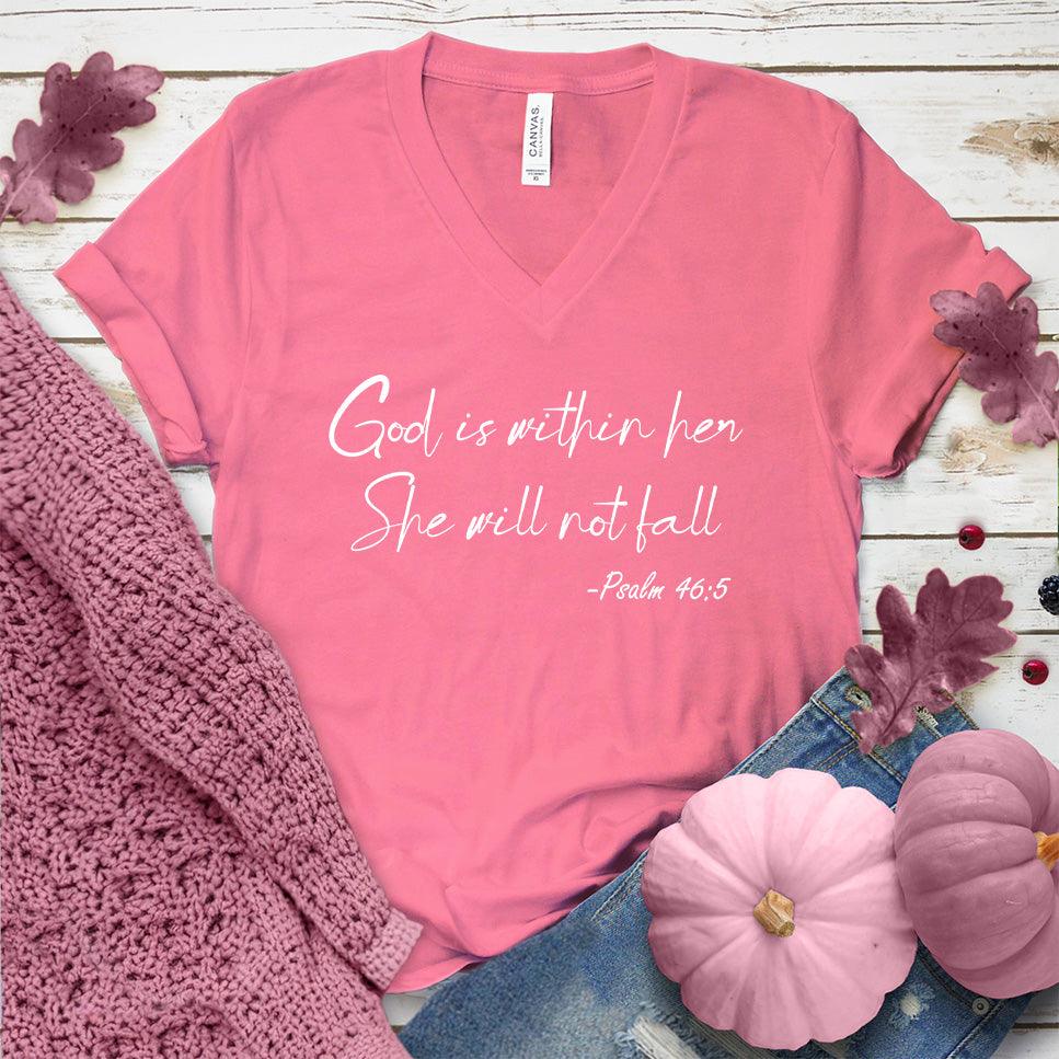 God Is Within Her She Will Not Fall Psalm 46-5 V-Neck Pink Edition