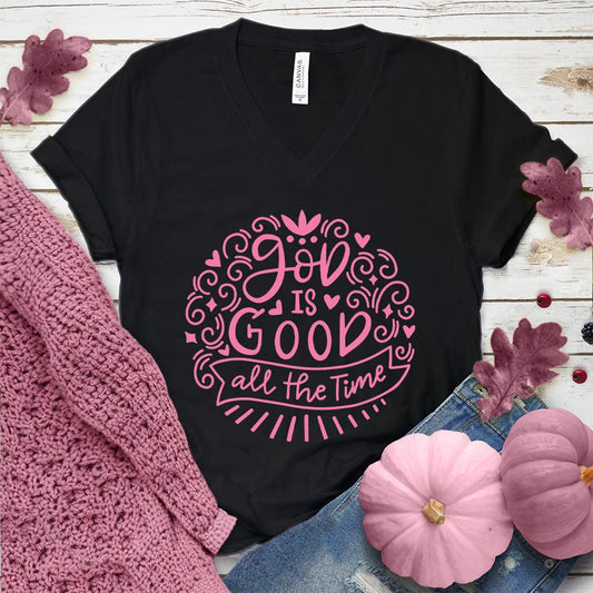 God Is Good V-Neck Pink Edition Black - Inspirational 'God Is Good' message on a V-neck tee, perfect for versatile styling.