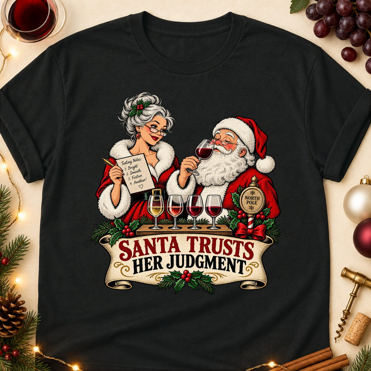 Santa Trusts Her Judgment Colored Print T-Shirt - Black - Brooke & Belle