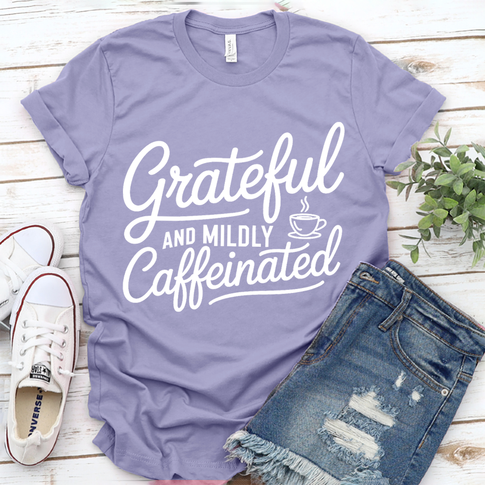 Grateful And Mildly Caffeinated T-Shirt - Dark Lavender - Brooke & Belle