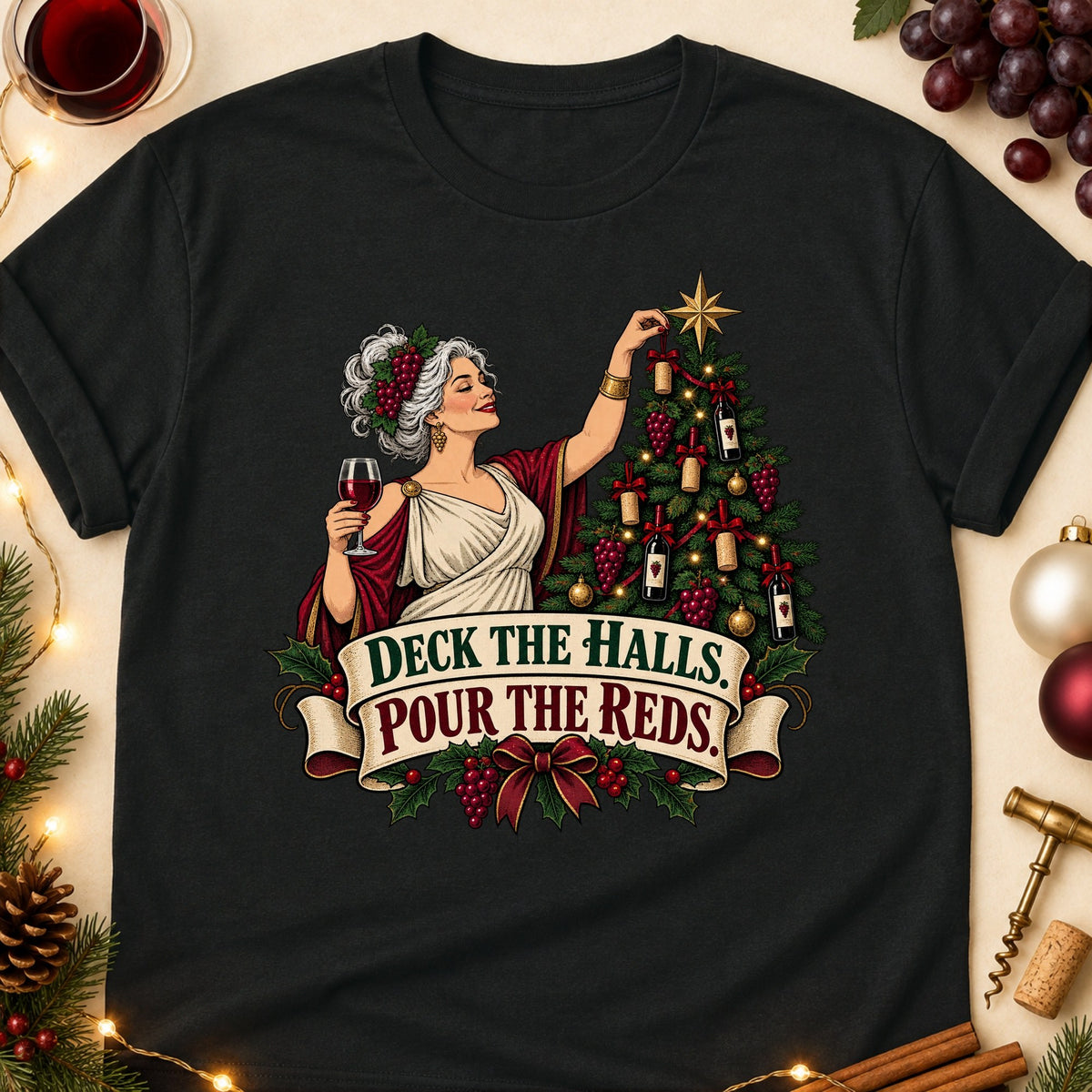 Deck The Halls. Pour The Reds Colored Print T-Shirt - Black - Brooke & Belle