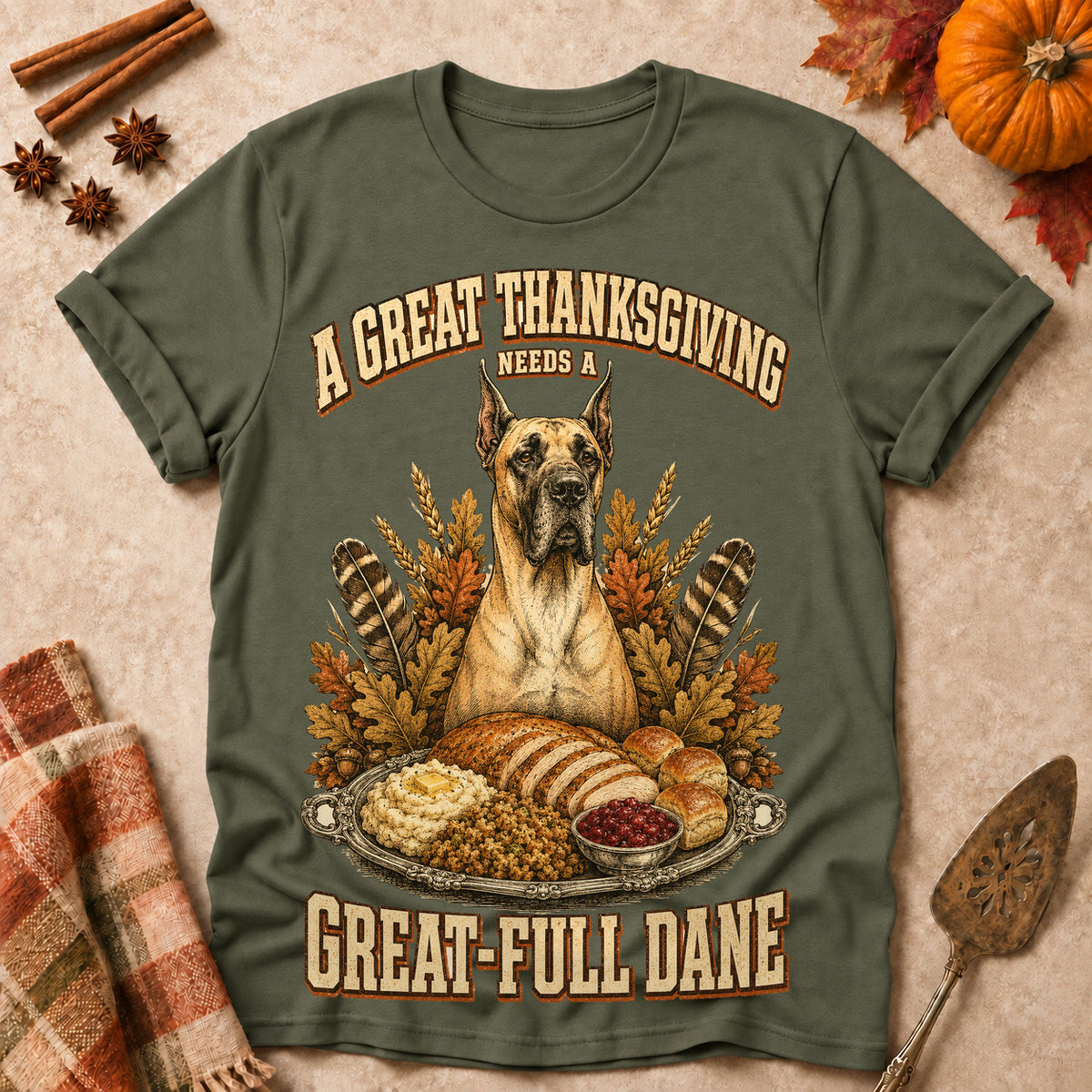 A Great Thanksgiving Needs A Great-Full Dane Colored Print T-Shirt - Military Green - Brooke & Belle