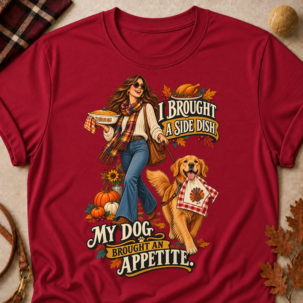 I Brought A Side Dish. My Dog Brought An Appetite Colored Print T-Shirt - Cardinal Red - Brooke & Belle