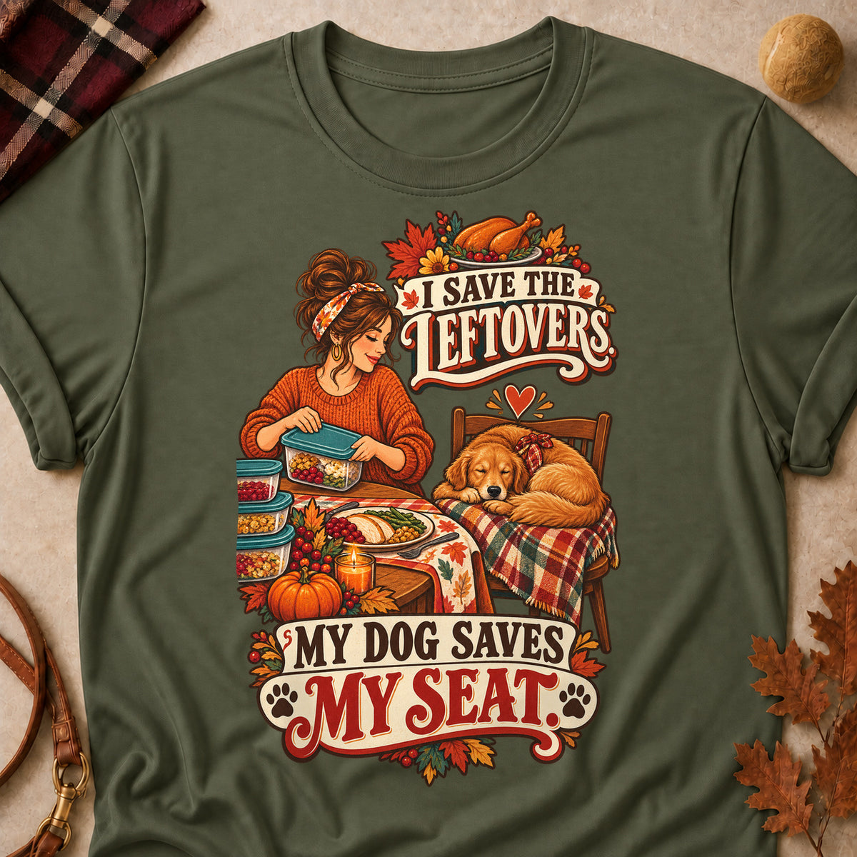 I Save The Leftovers. My Dog Saves My Seat Colored Print T-Shirt - Military Green - Brooke & Belle