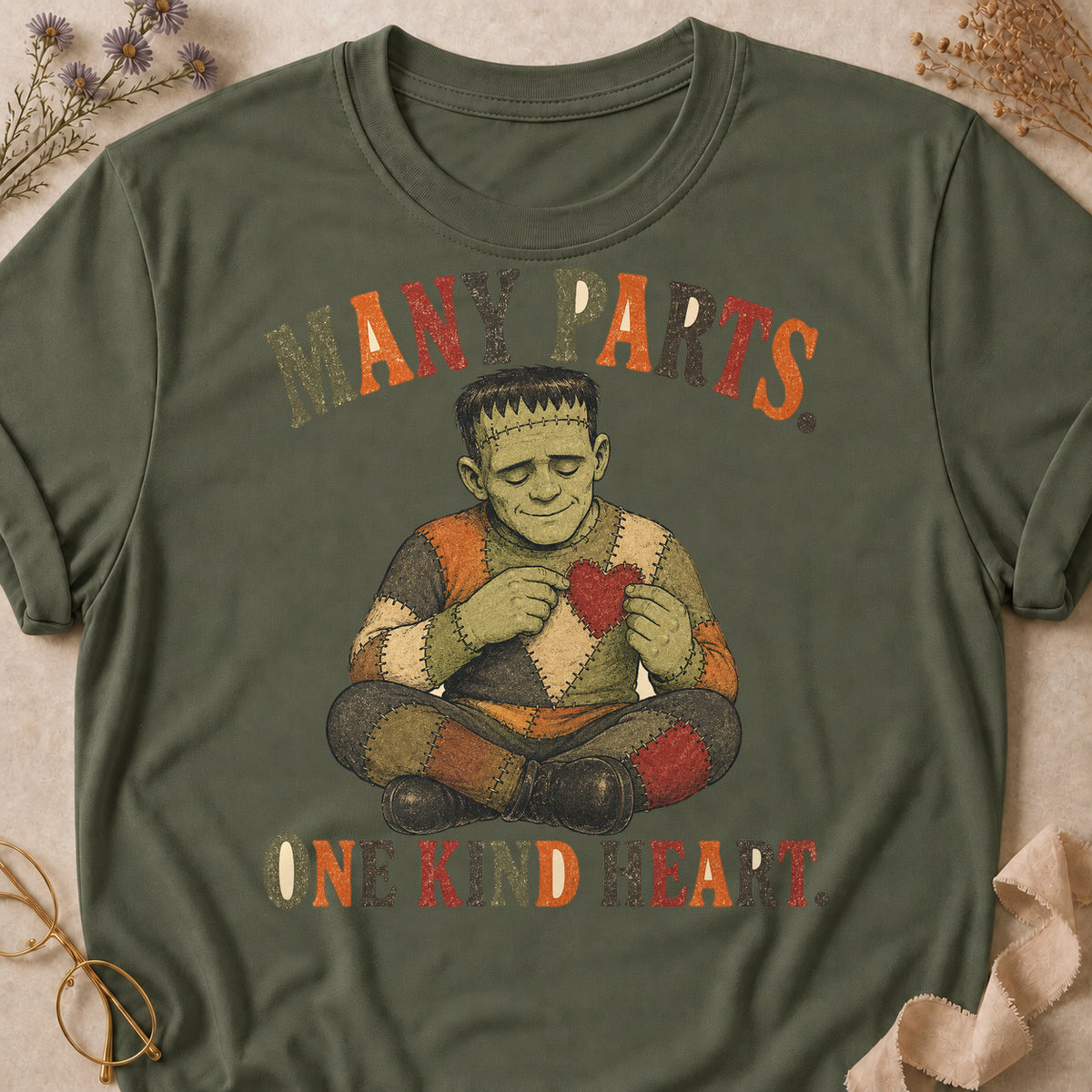 Many Parts. One Kind Heart Colored Print T-Shirt - Military Green - Brooke & Belle