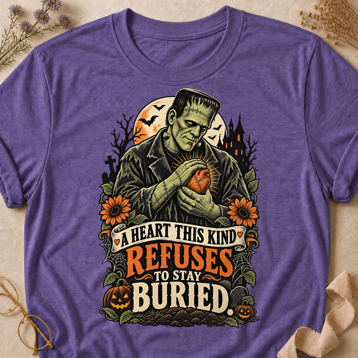 A Heart This Kind Refuses To Stay Buried Colored Print T-Shirt - Heather Purple - Brooke & Belle