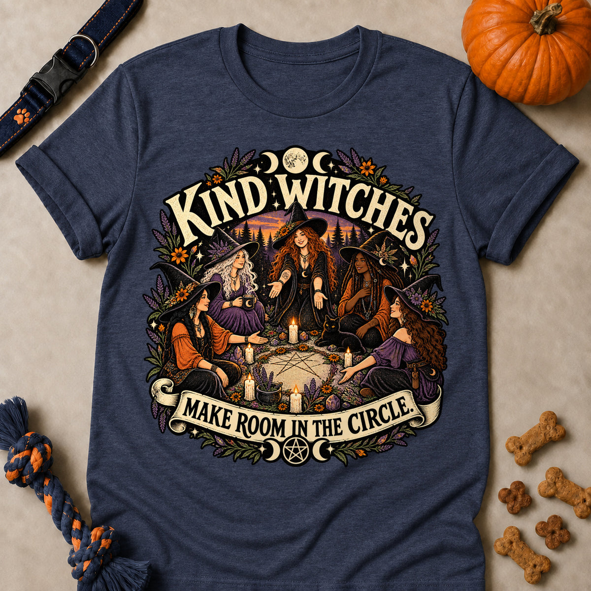 Kind Witches Make Room In The Circle Colored Print T-Shirt - Heather Navy - Brooke & Belle