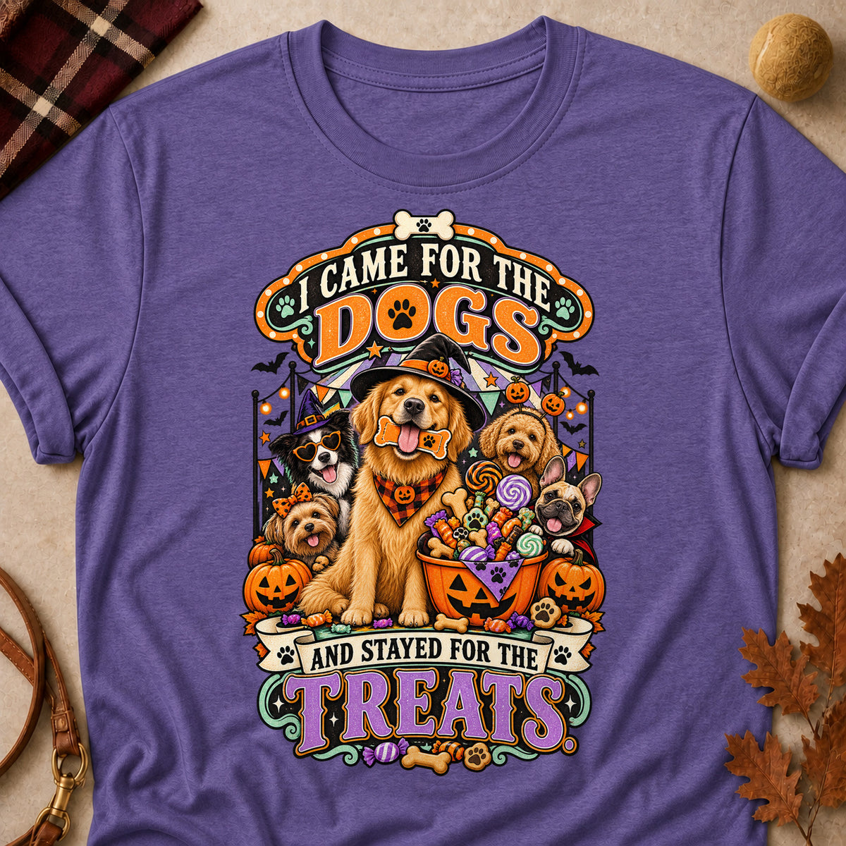 I Came For The Dogs And Stayed For The Treats Colored Print T-Shirt - Heather Purple - Brooke & Belle