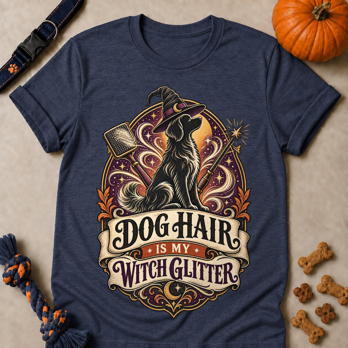 Dog Hair Is My Witch Glitter Colored Print T-Shirt - Heather Navy - Brooke & Belle