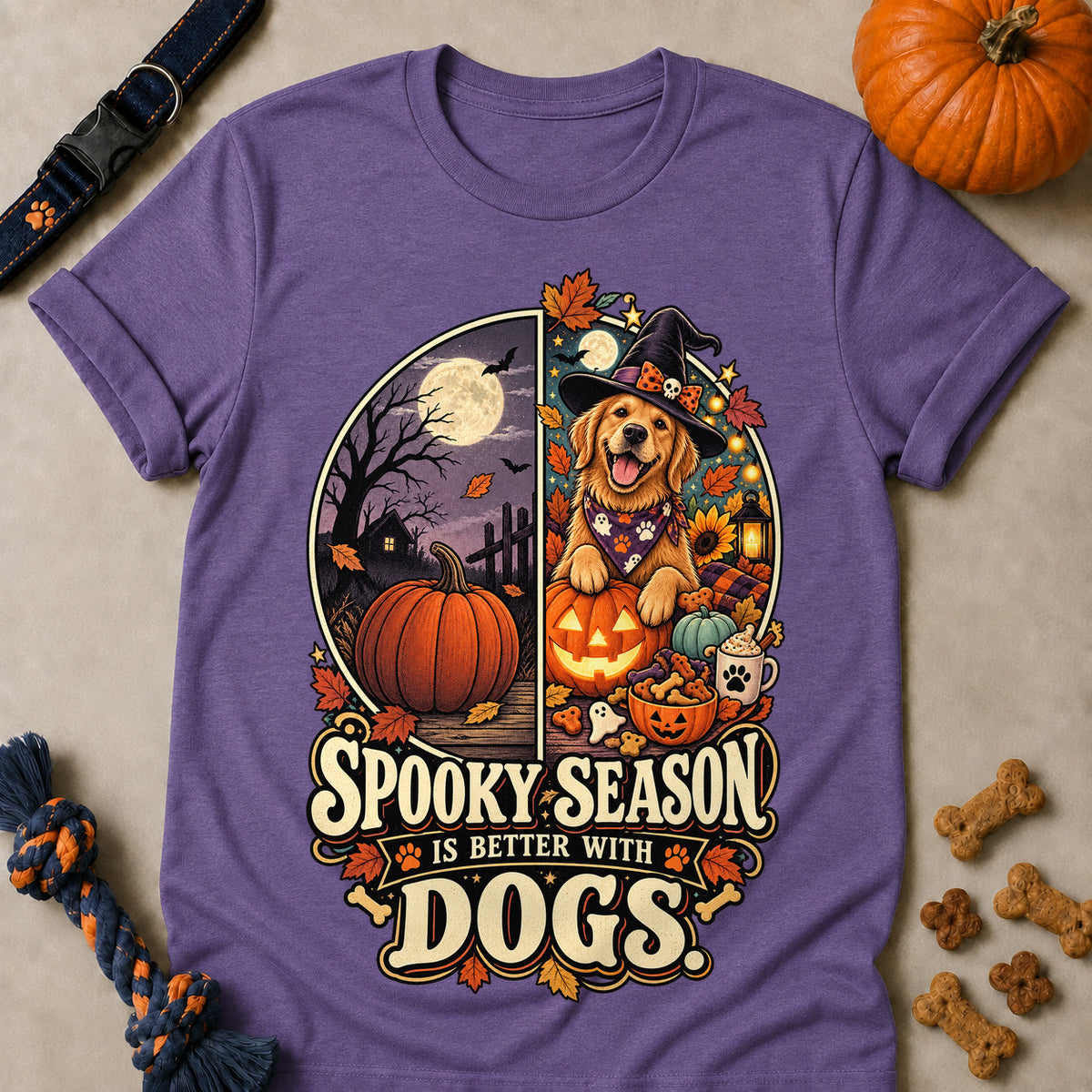 Spooky Season Is Better With Dogs Colored Print T-Shirt - Heather Purple - Brooke & Belle