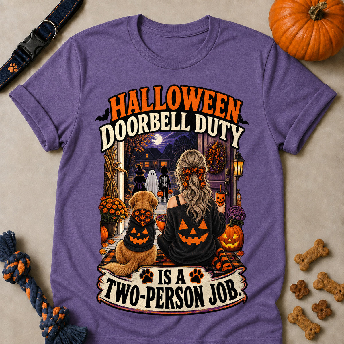 Halloween Doorbell Duty Is A Two-Person Job Colored Print T-Shirt - Heather Purple - Brooke & Belle