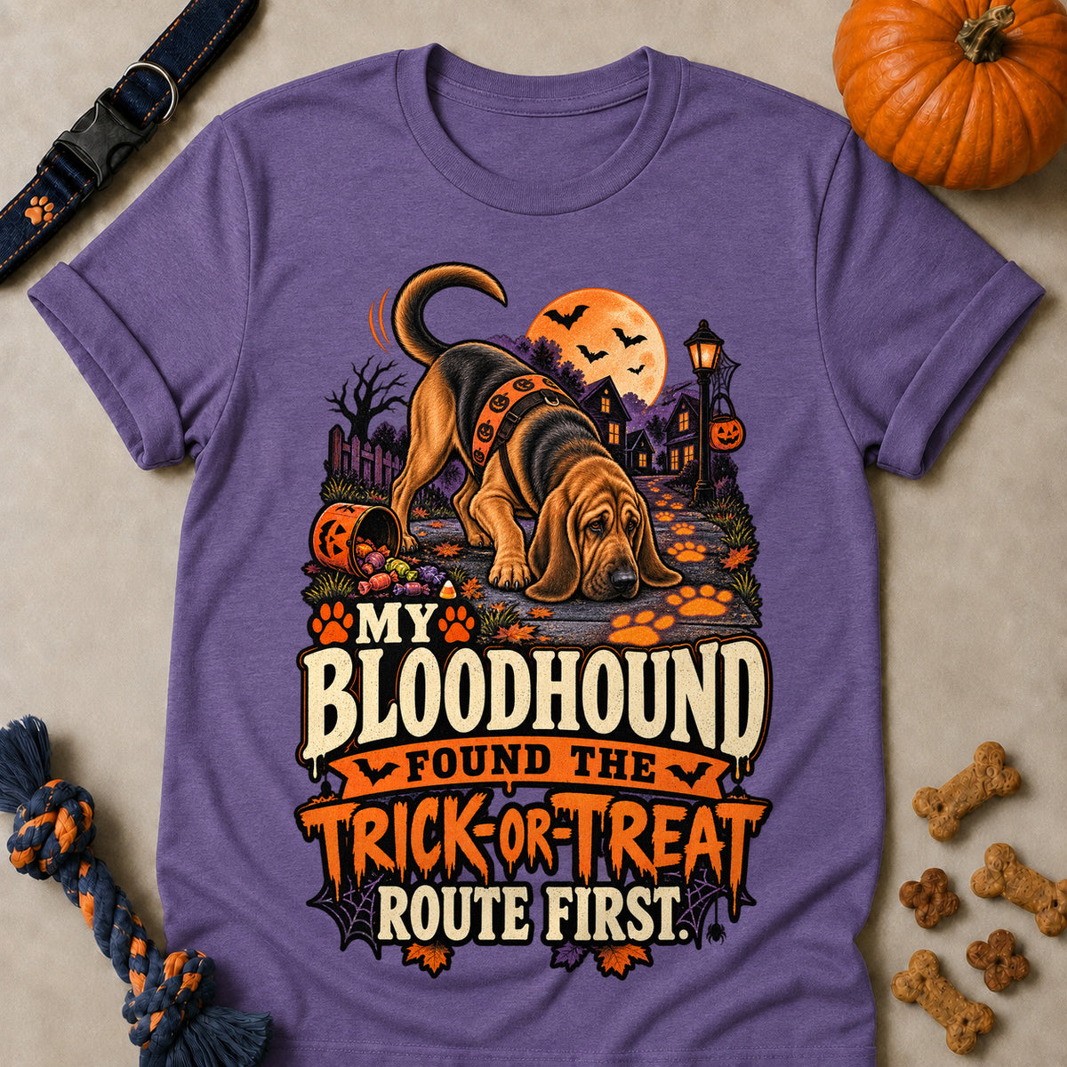 My Bloodhound Found The Trick-Or-Treat Route First Colored Print T-Shirt - Heather Purple - Brooke & Belle