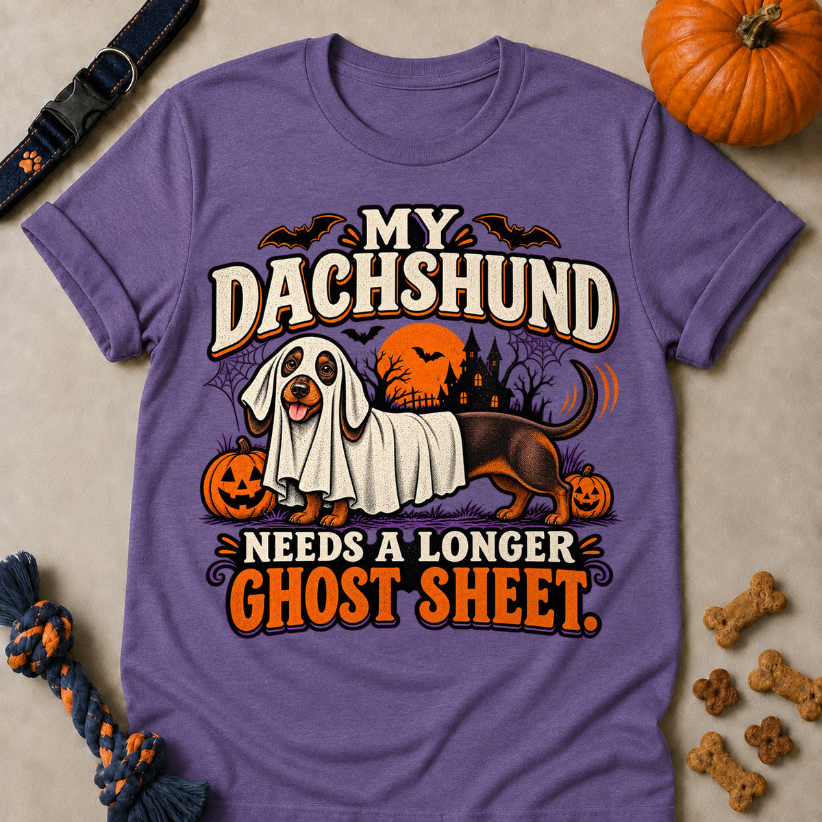 My Dachshund Needs A Longer Ghost Sheet Colored Print T-Shirt - Heather Purple - Brooke & Belle