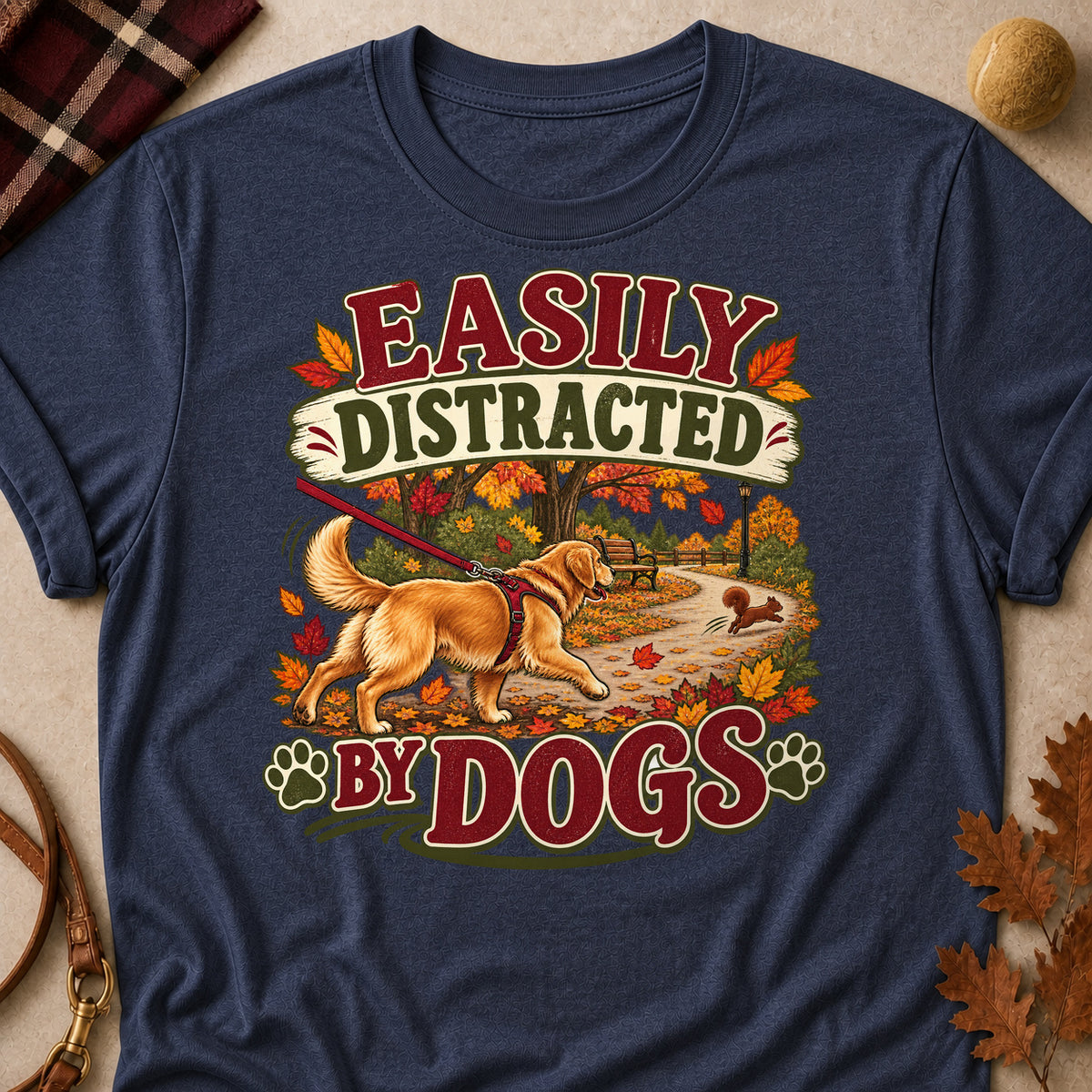 Easily Distracted By Dogs Fall Colored Print T-Shirt - Heather Navy - Brooke & Belle