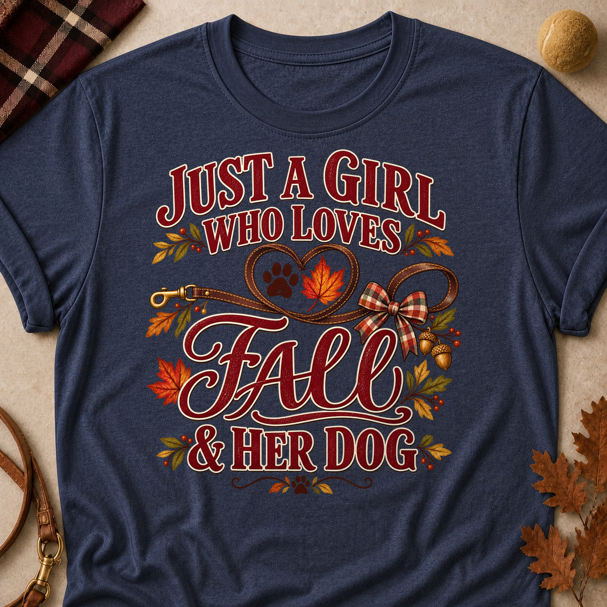 Girl Loves Fall Dog Colored Print T-Shirt - Heather Navy - Brooke & Belle