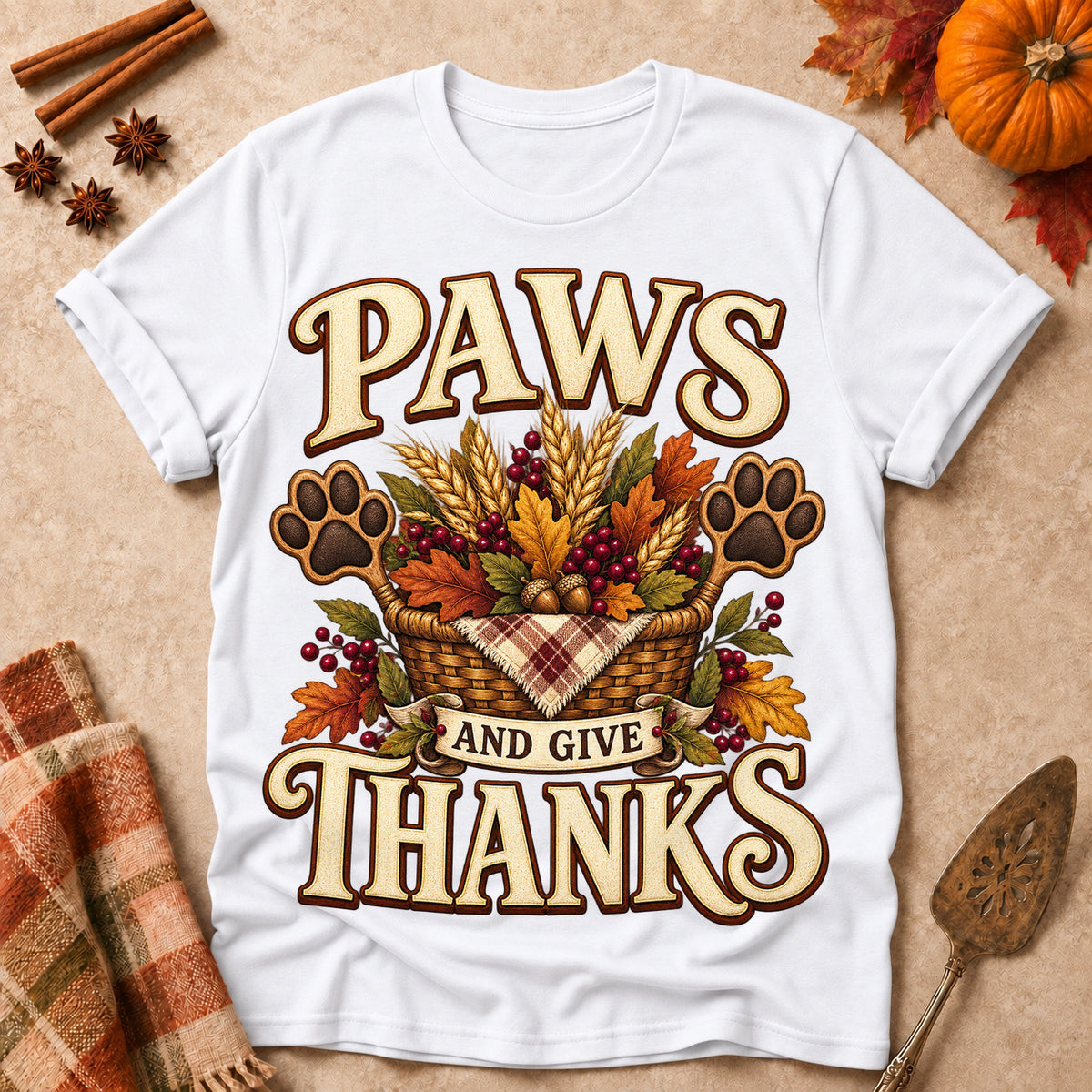 Paws Give Thanks Colored Print T-Shirt - White - Brooke & Belle