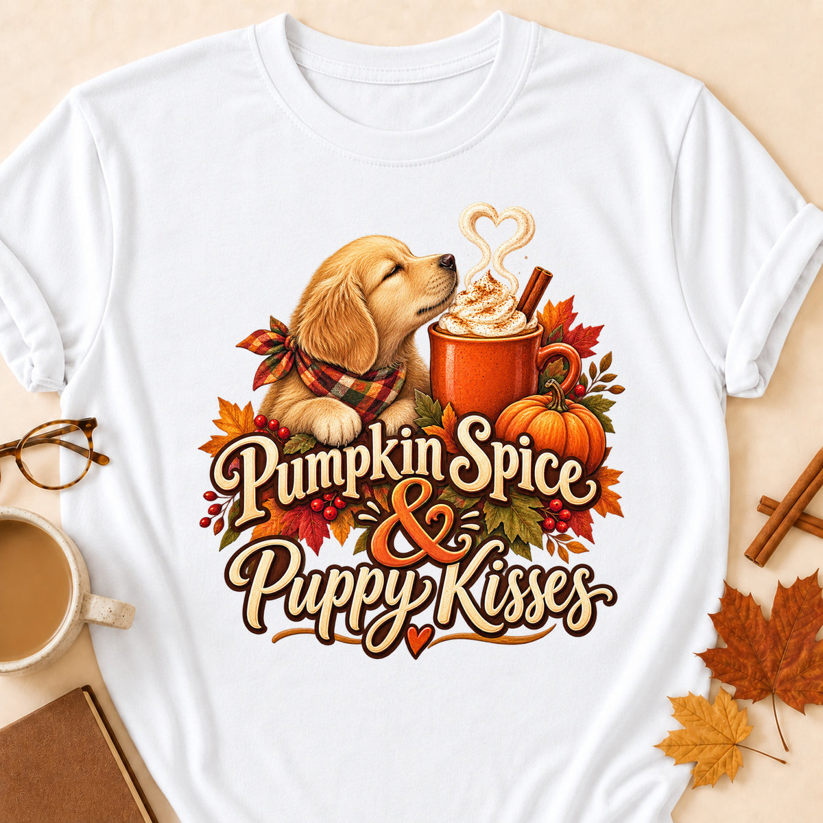 Pumpkin Spice Puppy Kisses Colored Print T-Shirt - White - Brooke & Belle