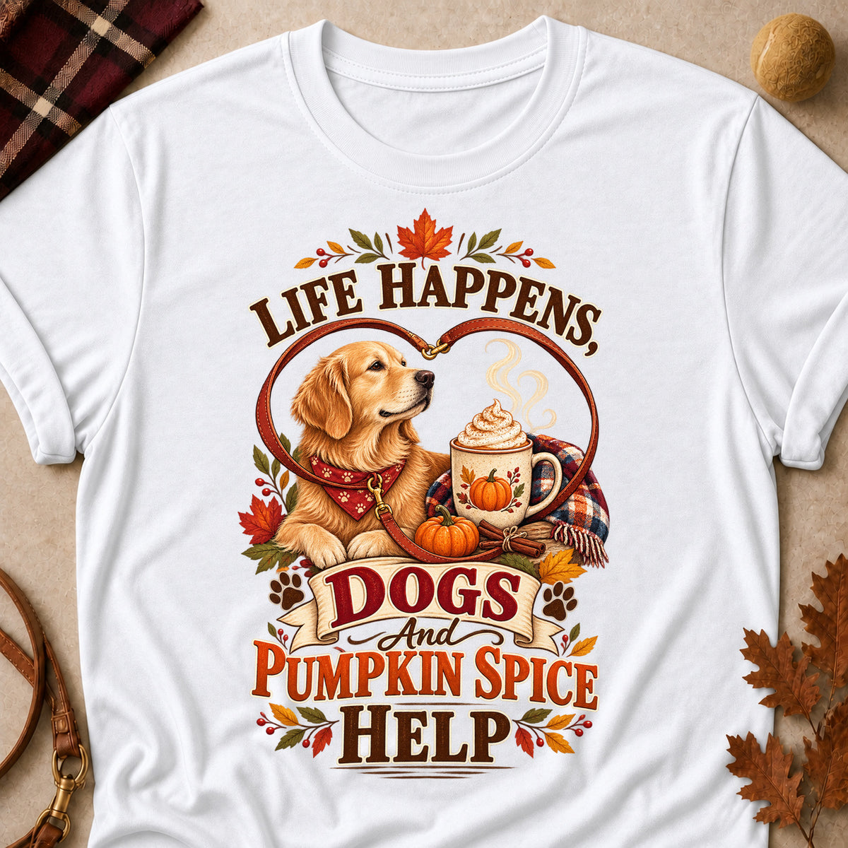 Life Happens Dogs Pumpkin Spice Colored Print T-Shirt - White - Brooke & Belle