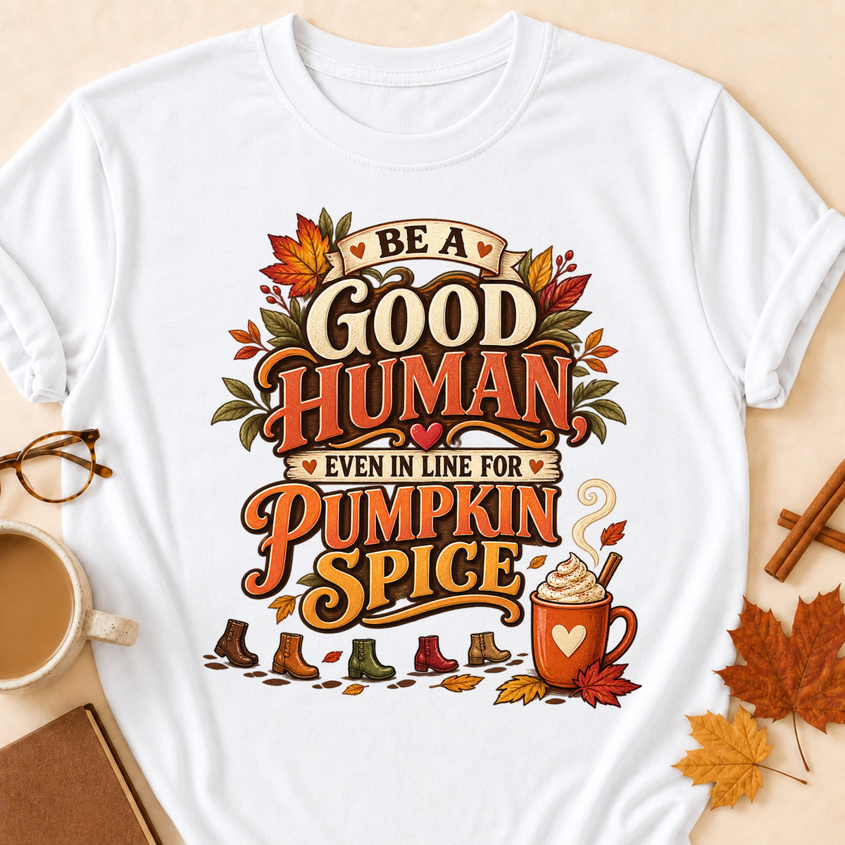 Good Human Pumpkin Spice Colored Print T-Shirt - White - Brooke & Belle