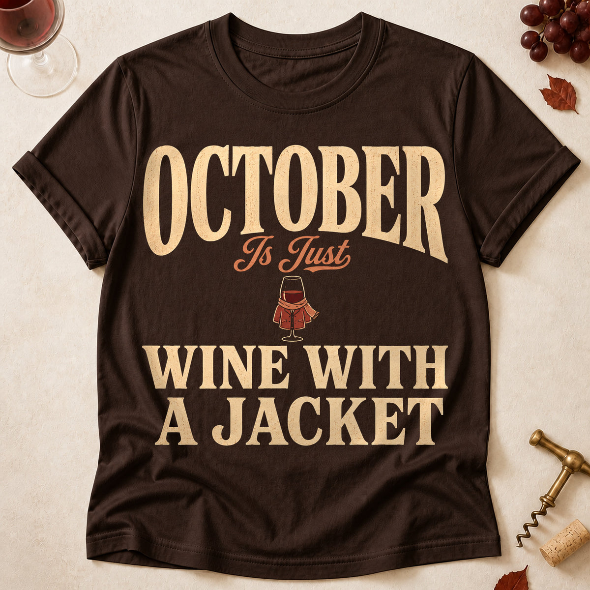 October Is Just Wine With A Jacket Fall Colored Print T-Shirt - Dark Chocolate - Brooke & Belle