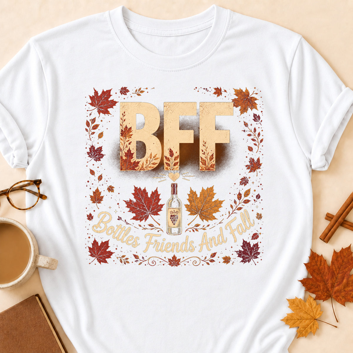 BFF Bottles Friends And Fall Fall Colored Print T-Shirt - White - Brooke & Belle
