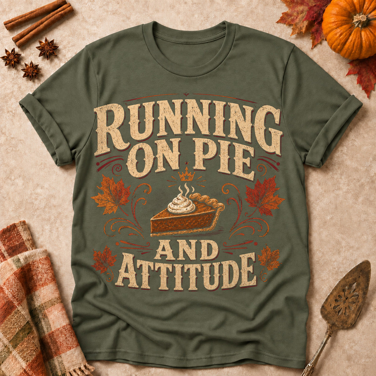 Running On Pie And Attitude Fall Colored Print T-Shirt - Military Green - Brooke & Belle
