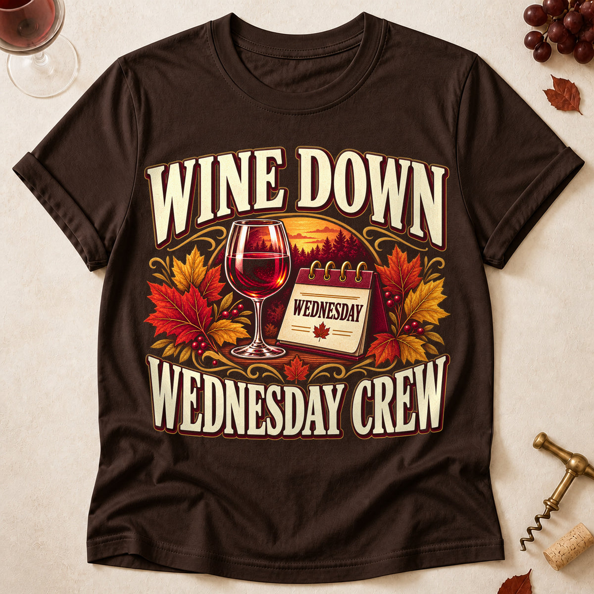 Wine Down Wednesday Crew Fall Colored Print T-Shirt - Dark Chocolate - Brooke & Belle