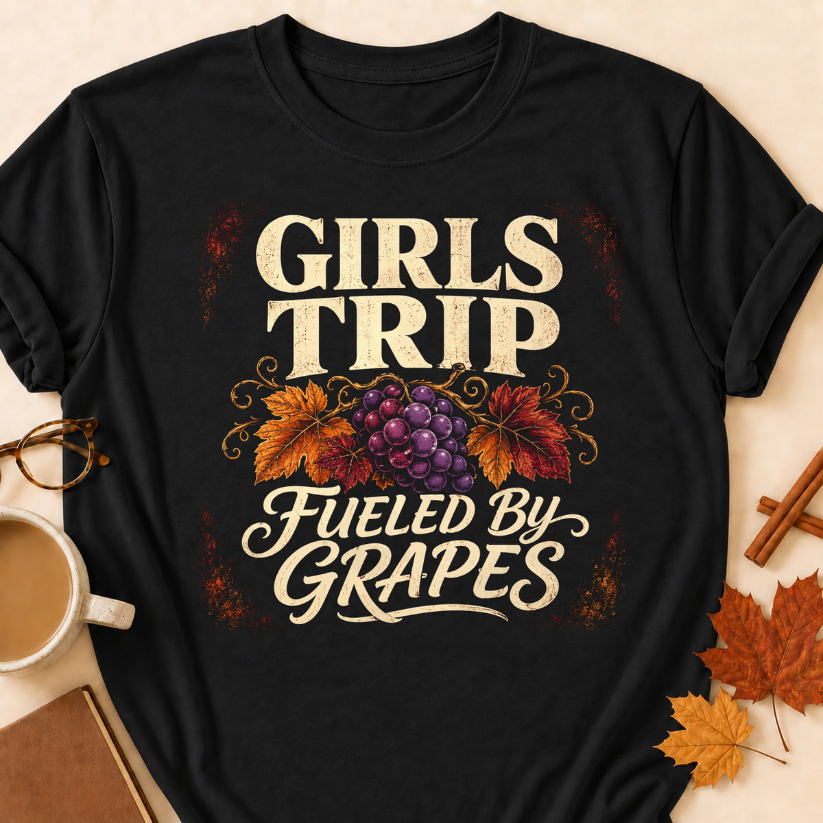 Girls Trip Fueled By Grapes Fall Colored Print T-Shirt - Black - Brooke & Belle