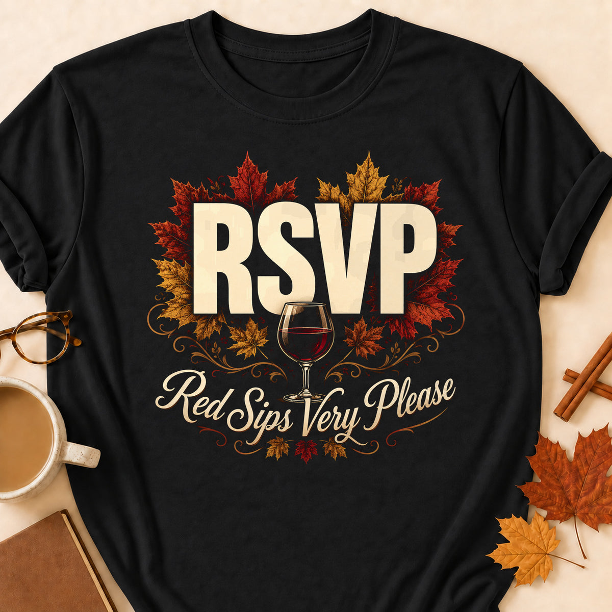 RSVP Red Sips Very Please Fall Colored Print T-Shirt - Black - Brooke & Belle