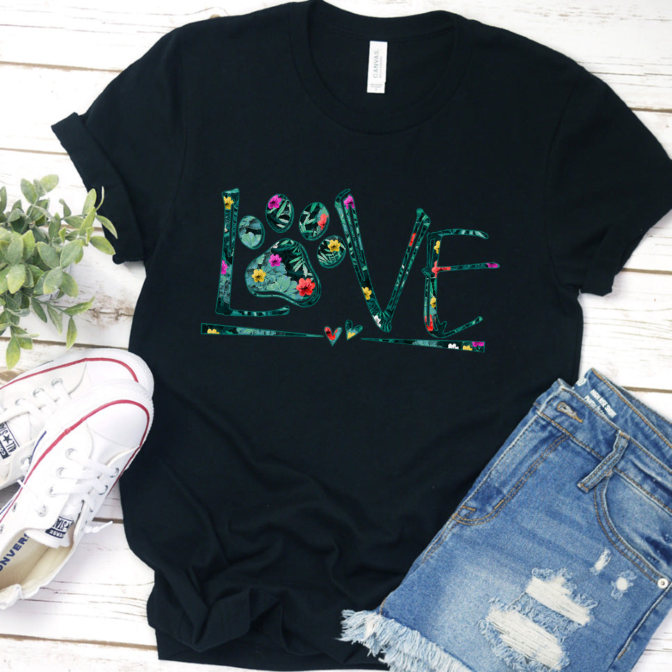 Dog Love Floral Colored Print T-Shirt