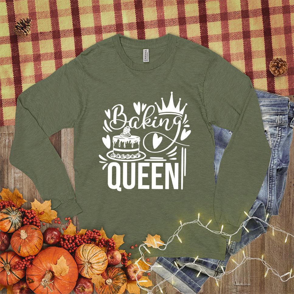 Baking Queen Long Sleeves Military Green - Graphic long sleeve tee with whimsical baking design showcasing rolling pin and whisk