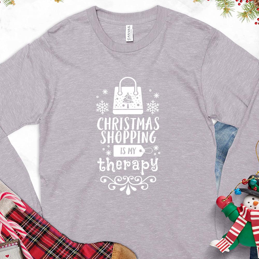 Christmas Shopping Is My Therapy Version 1 Long Sleeves Storm - Graphic long sleeve tee with "Christmas Shopping Is My Therapy" slogan surrounded by festive snowflake designs.