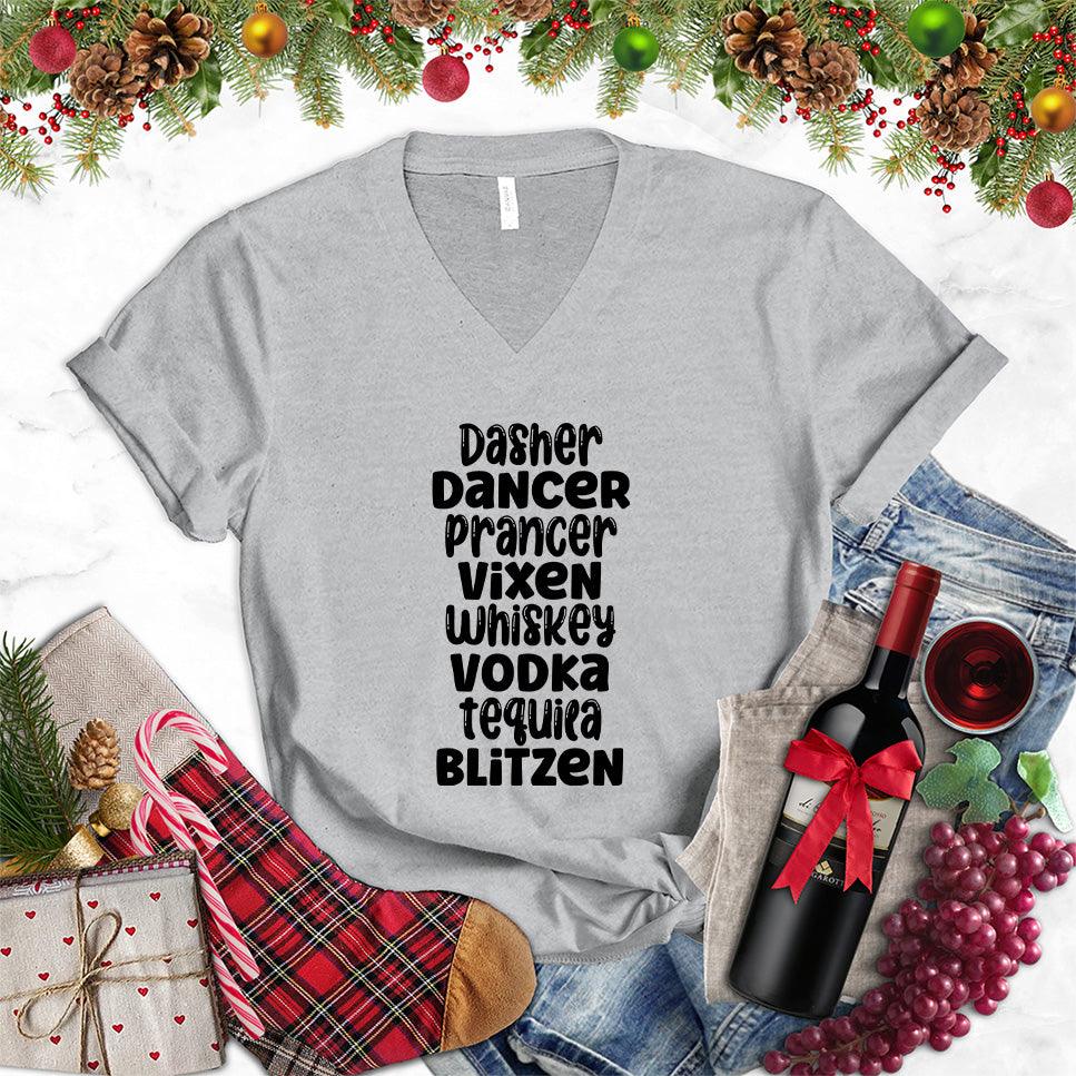 Dasher Dancer Prancer Vixen Whiskey V-Neck - Brooke & Belle
