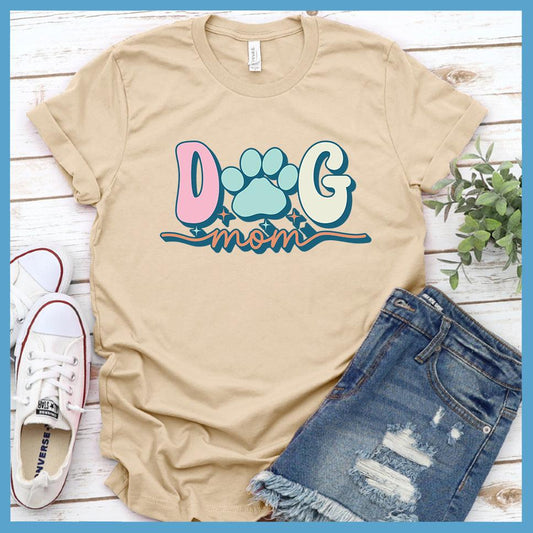 Dog Mom Colored Print T-Shirt Soft Cream - Chic 'Dog Mom' graphic t-shirt with paw design, perfect for canine lovers