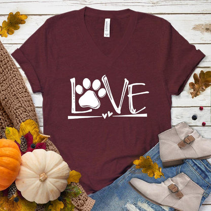 Dog Love V-Neck Heather Cardinal - Playful Dog Love graphic on V-Neck shirt with paw & heart design, perfect for pet owners