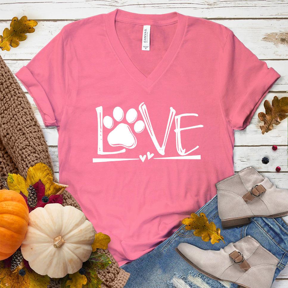 Dog Love V-Neck Neon Pink - Playful Dog Love graphic on V-Neck shirt with paw & heart design, perfect for pet owners