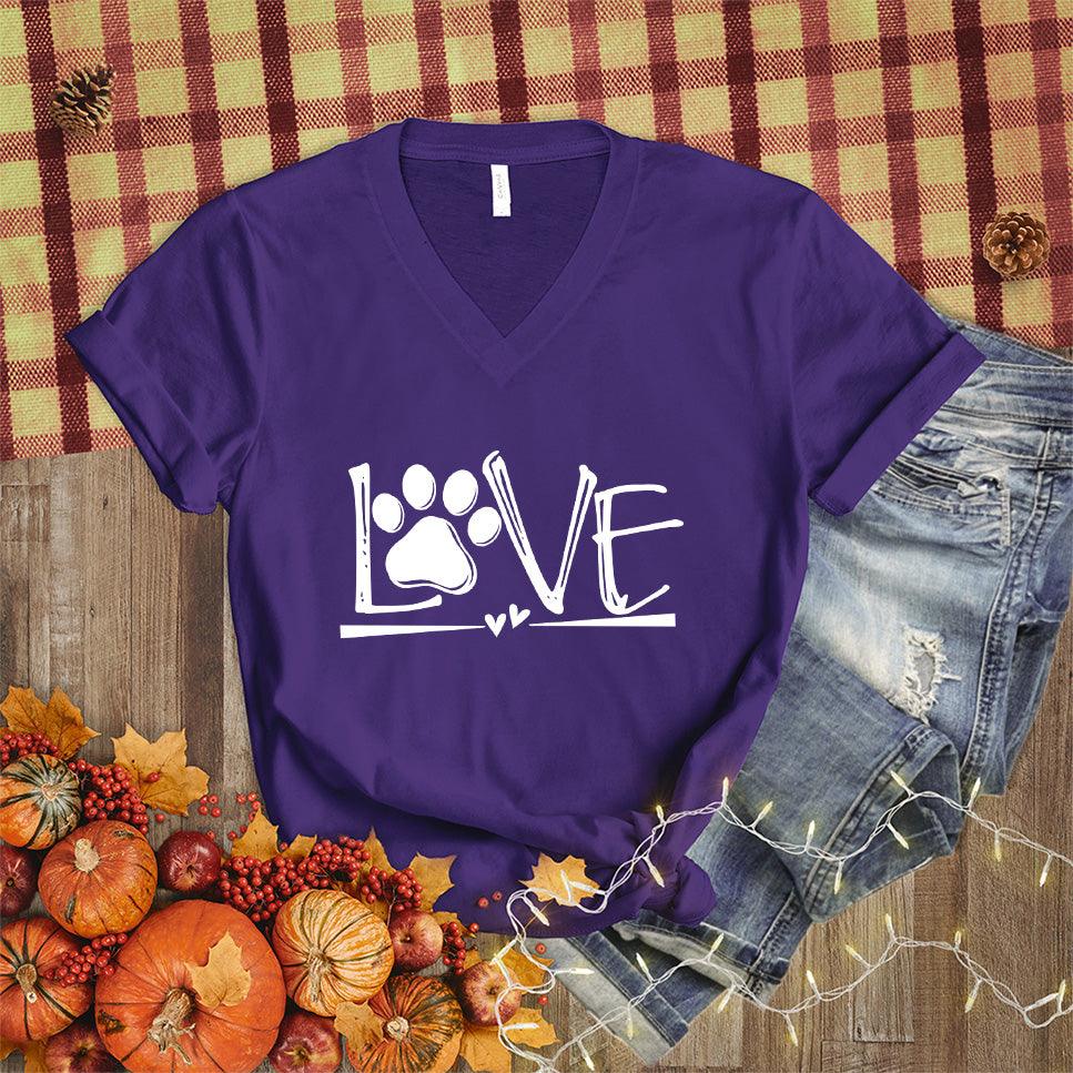 Dog Love V-Neck Team Purple - Playful Dog Love graphic on V-Neck shirt with paw & heart design, perfect for pet owners