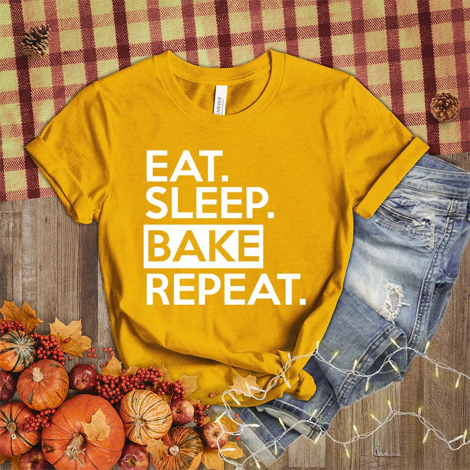 Eat Sleep Bake Repeat T-Shirt Heather Mustard - Illustration of fun 'Eat Sleep Bake Repeat' phrase on casual t-shirt for baking fans