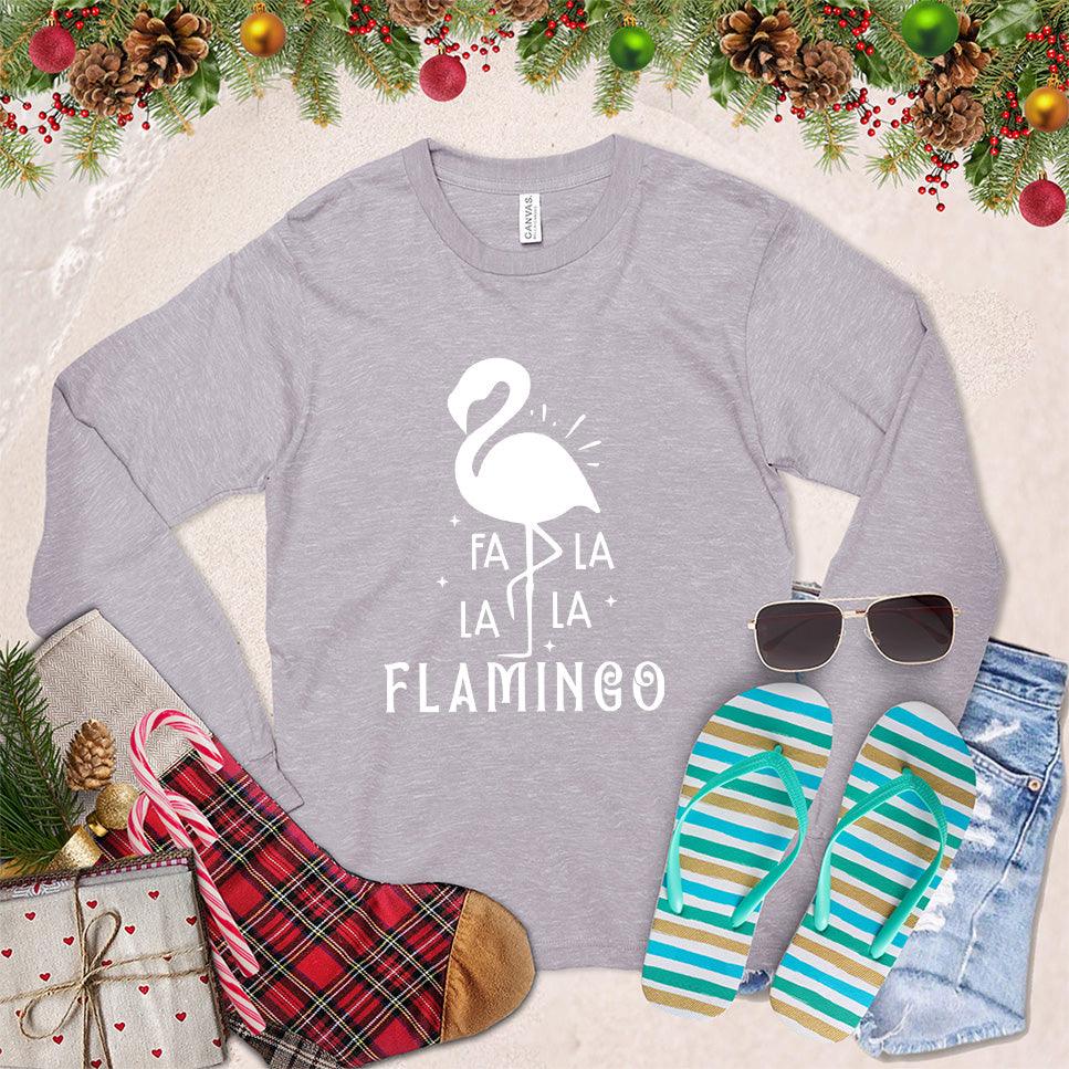 Fa La La La Flamingo Long Sleeves Storm - Playful flamingo with festive Fa La La text on holiday-themed long sleeve shirt