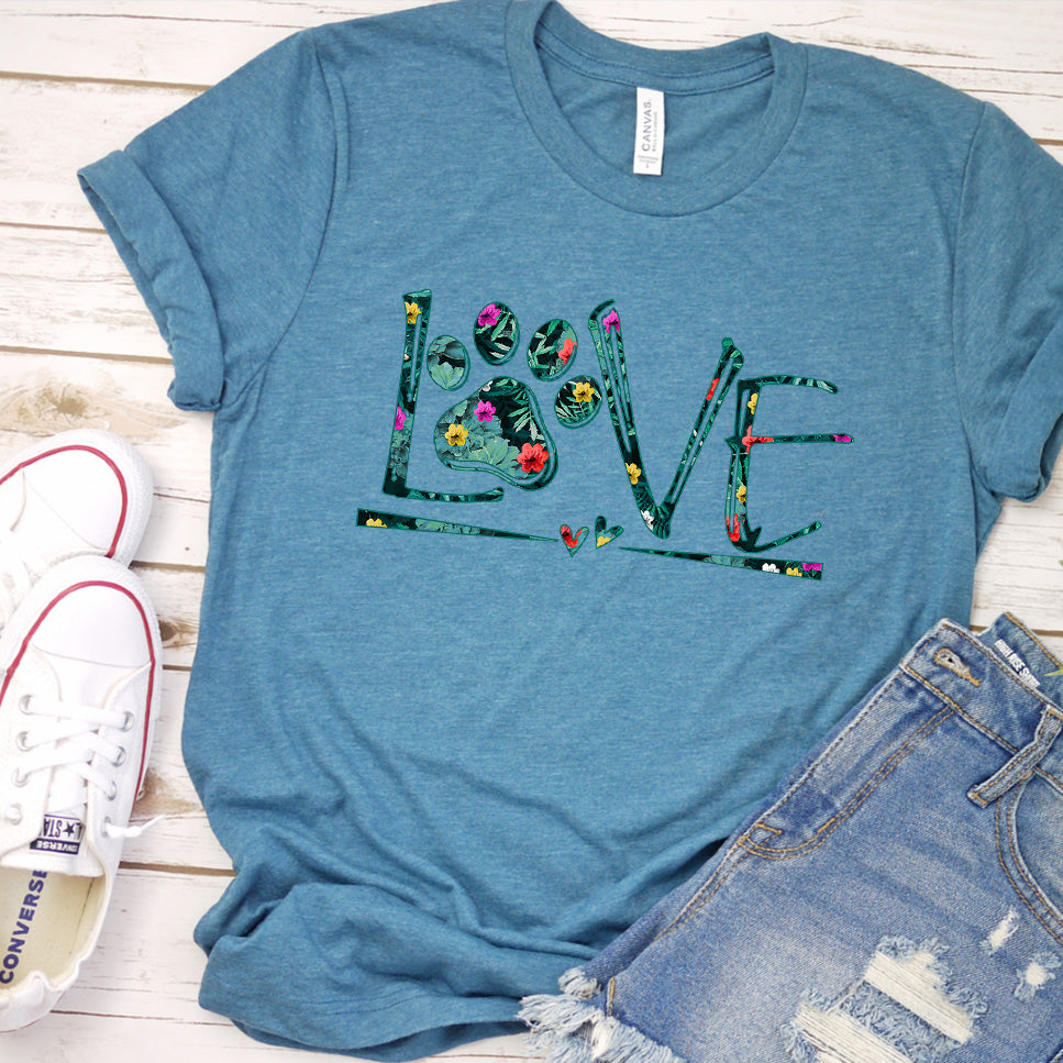 Dog Love Floral Colored Print T-Shirt