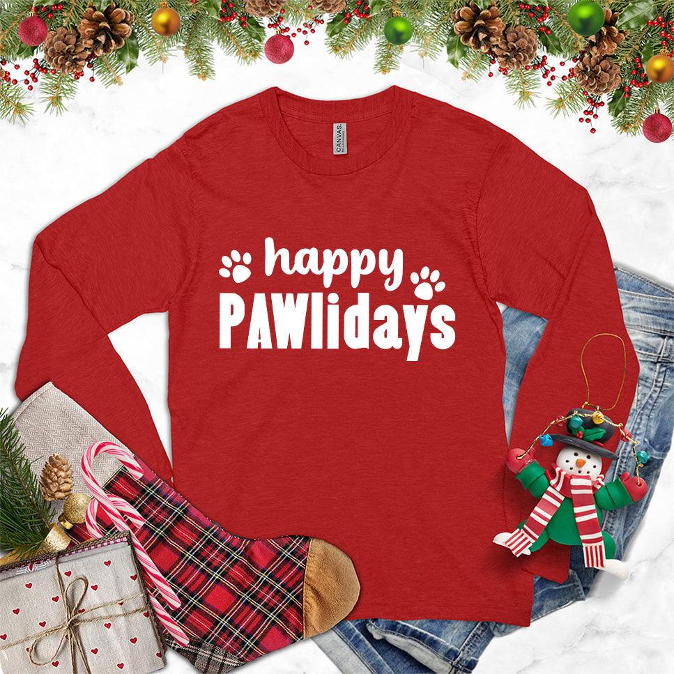 Happy Pawlidays Version 2 Long Sleeves Red - Long sleeve shirt with playful 'Happy PAWlidays' design for holiday and pet enthusiasts