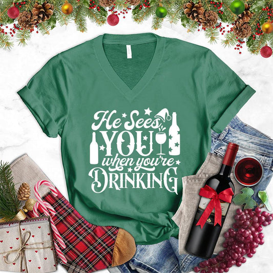 He Sees You When You're Drinking V-Neck - Brooke & Belle