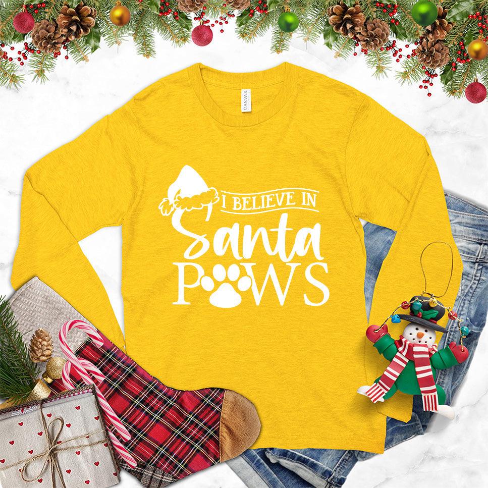 I Believe In Santa Paws Long Sleeves Gold - Graphic long sleeve tee with festive Santa Paws design, perfect for holiday season.