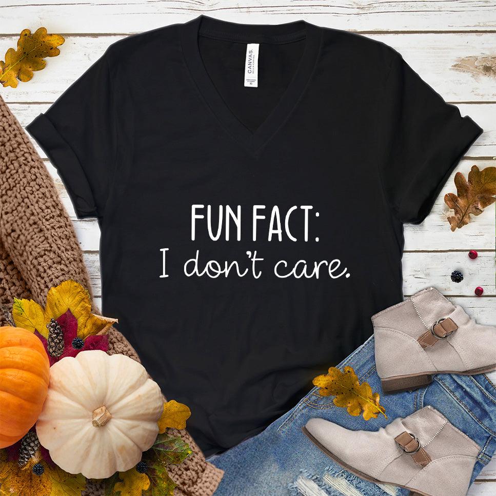 I Don't Care V-Neck Black - "I Don't Care" printed statement on casual V-neck tee-shirt with fun, bold lettering.