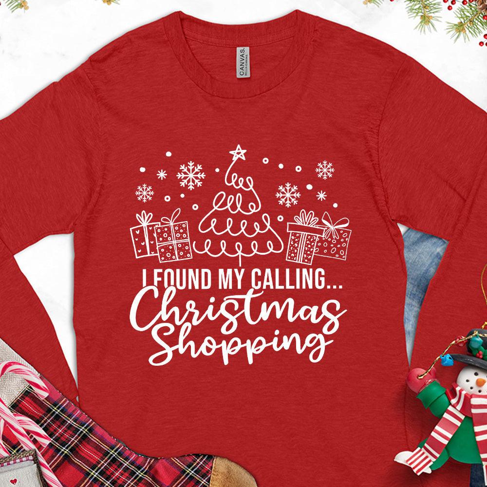 I Found My Calling Christmas Shopping Version 1 Long Sleeves Red - Festive long-sleeved tee with Christmas shopping theme, cheerful holiday design, and snowflakes.