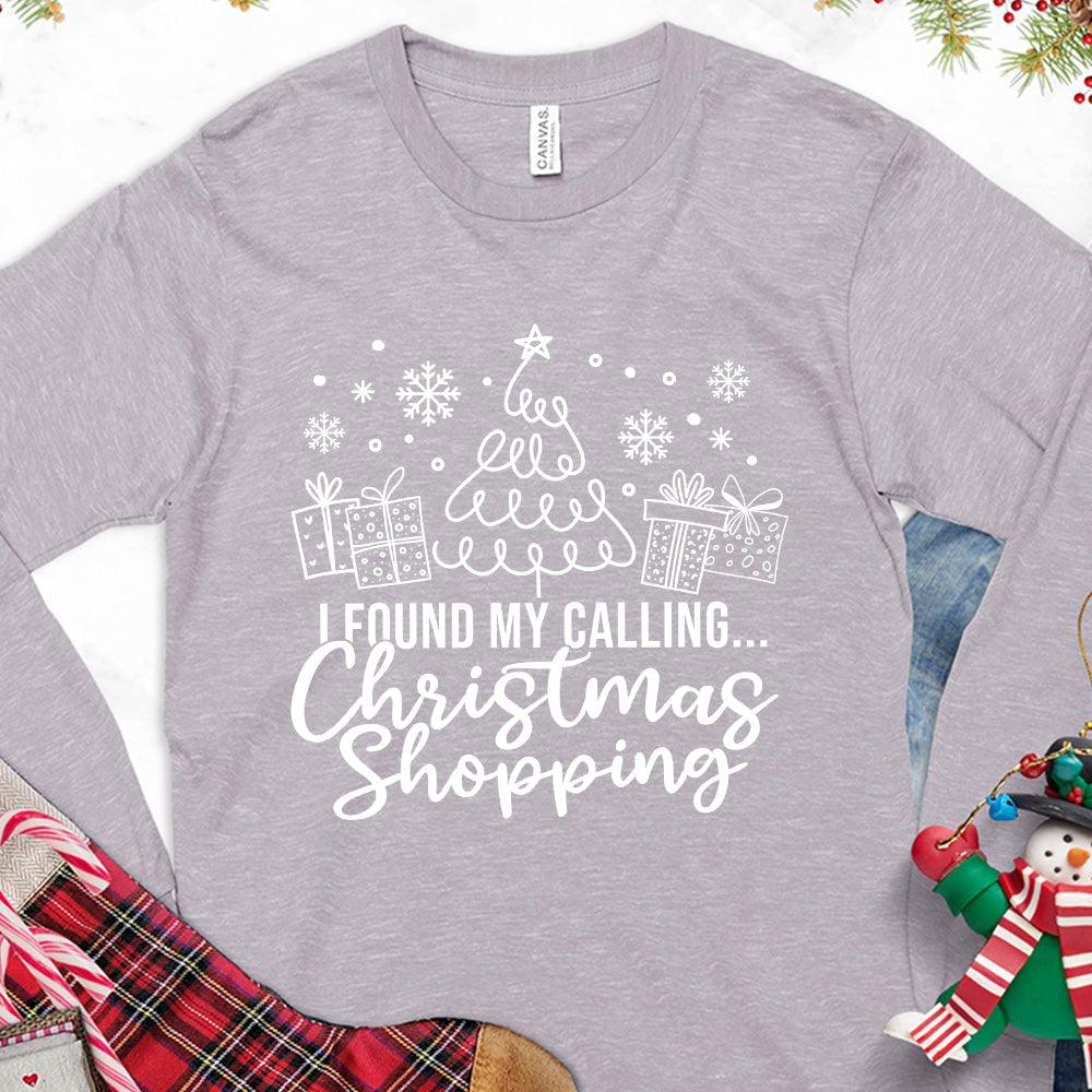 I Found My Calling Christmas Shopping Version 1 Long Sleeves Storm - Festive long-sleeved tee with Christmas shopping theme, cheerful holiday design, and snowflakes.