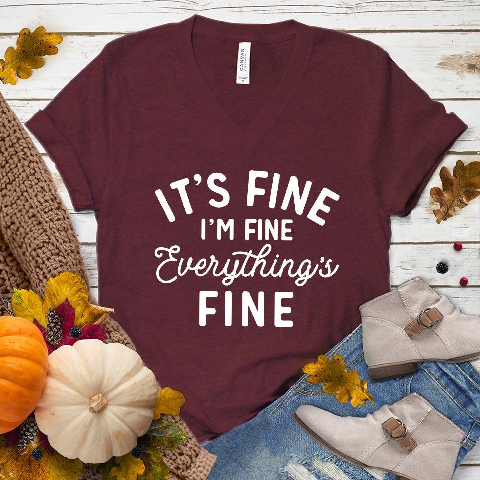 It's Fine I'm Fine V-Neck Heather Cardinal - Witty V-neck tee with 'It's Fine I'm Fine Everything's Fine' print, perfect for casual fashion.