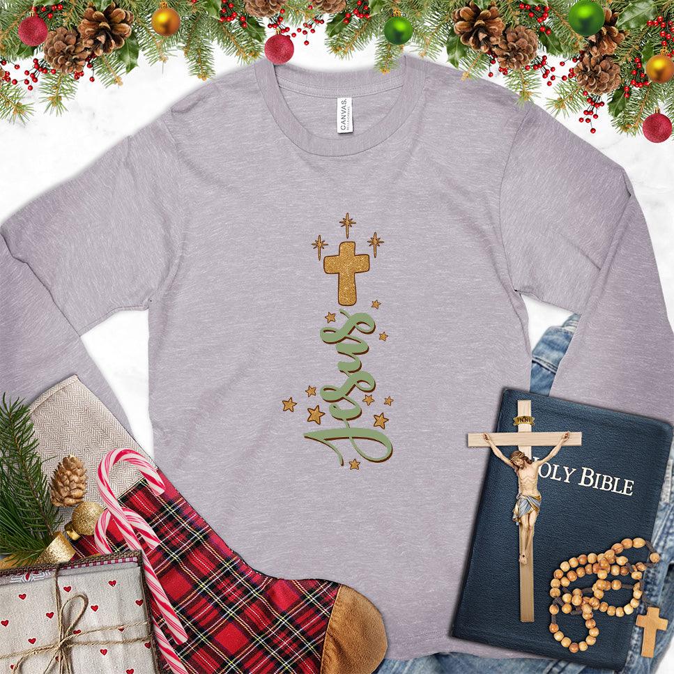 Jesus Cross Version 2 Colored Edition Long Sleeves Storm - Artistic Jesus Cross design on long sleeve tee shirt with faith-inspired motifs