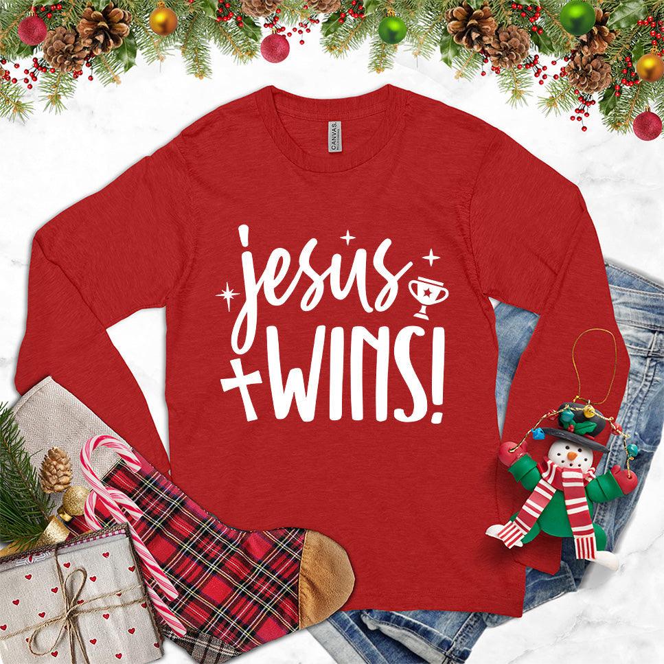 Jesus Wins Long Sleeves Red - Inspirational long sleeve shirt with 'Jesus Wins' message in stylish typography